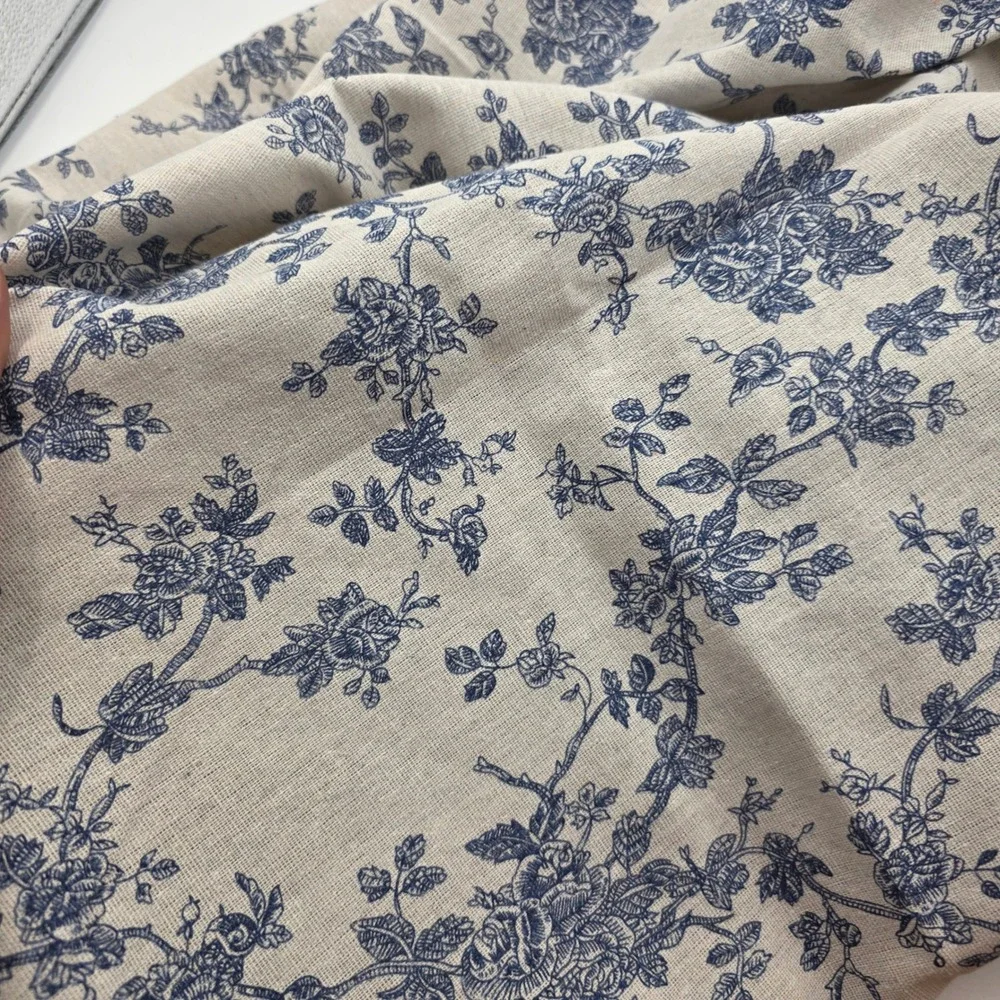 Blue Floral Toile Round Tablecloth Linen Blend French Country Farmhouse Decor